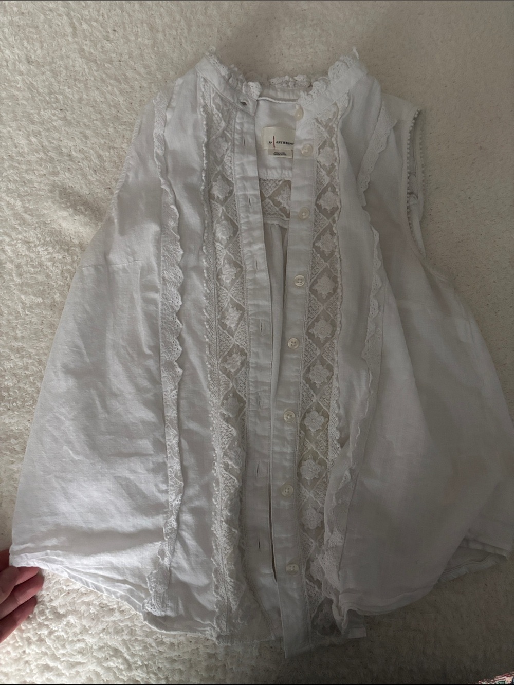 Anthropologie White Lace-Trim Blouse